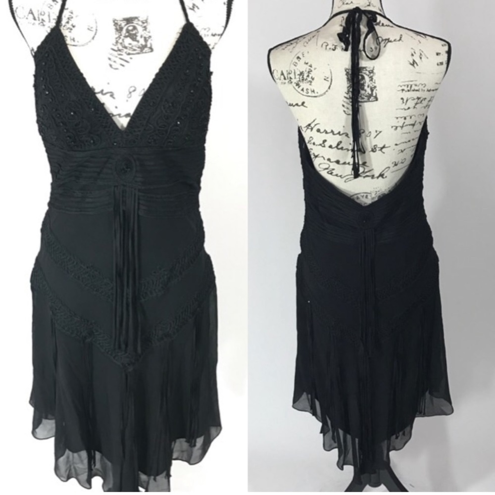 Sue Wong Plunge Beaded Halter Tassel Silk Formal Cocktail Dress Size 2 - Picture 3 of 11